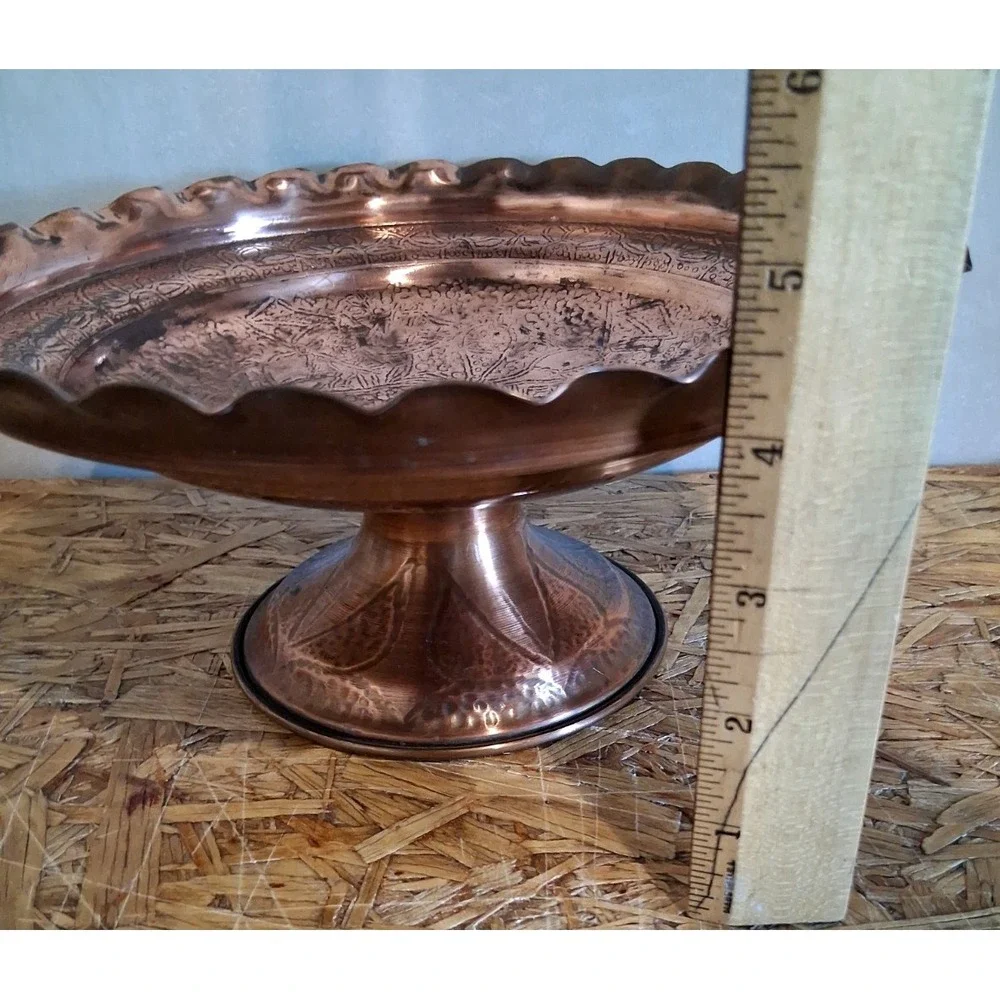 Vintage Embossed Copper Pedestal Compote Bowl w/Scalloped Edge
